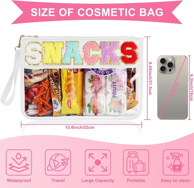 TESAFNG Snack Bag for Travel - Clear Chenille Varsity Letter Flat Pouch with Zipper, 12.2×8.46 inch Waterproof Clear Nylon Preppy Patch Makeup Cosmetic tote Bags for Women Girls - Image 2